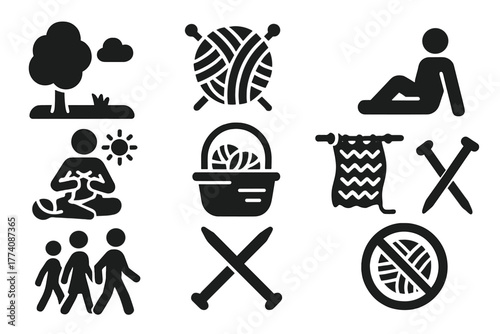 Outdoor Knitting Scene. Solid style icons of Outdoor Knitting: Park Lawn, Giant Yarn, Relaxed Figure, Knitting in Sun, Yarn Basket