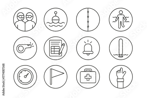 Diving Safety Icons. Line style round vector icons of Safety in Diving: Buddy System, Surface Buoy, Ascent Line, Decompression