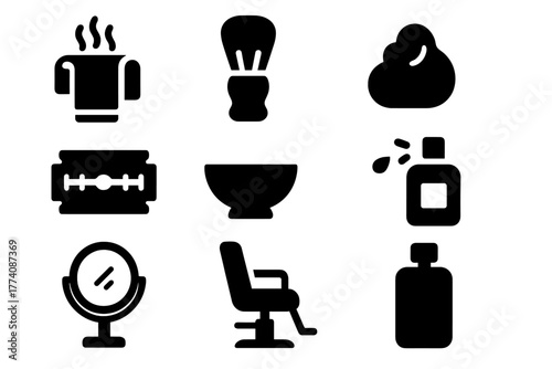 Shaving Ritual Icons. Solid style icons of Shaving Ritual: Hot Towel, Lather Brush, Foam, Razor Blade, Bowl, Splash Bottle, Mirror