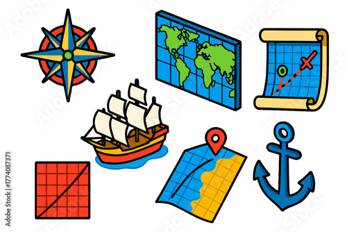 Navigation Symbols. Isometric vector illustration set Mercator Projection: Compass Rose, World Map, Ship, Rhumb Line, Navigation
