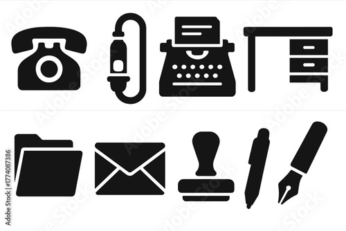 Office Communication Icons. Solid style icons of Office Communication: Telephone, Pneumatic Tube, Typewriter, Desk, File, Envelope