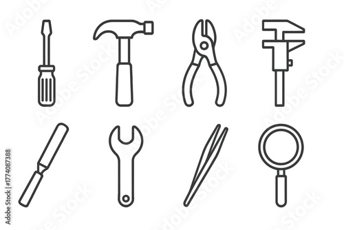 Workshop Tool Icons. Line style icons of Workshop tools: screwdriver, hammer, pliers, caliper, file, wrench, tweezers, magnifying