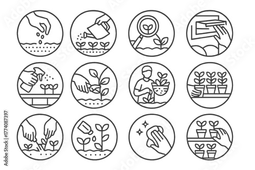 Greenhouse Task Icons. Line style icons of greenhouse tasks in round shape: planting seeds, watering rows, checking growth,