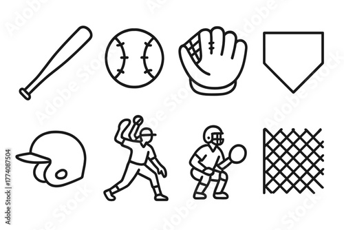 Softball Line Icons. Line style icons of Softball: Softball Bat, Softball, Glove, Base, Helmet, Pitcher, Catcher, Fence, No text,
