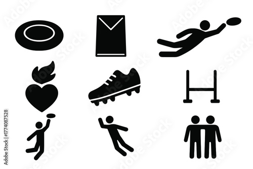 Ultimate Frisbee Icons. Solid style icons of Ultimate Frisbee: Disc, End Zone, Layout Catch, Spirit of the Game, Cleats, Field