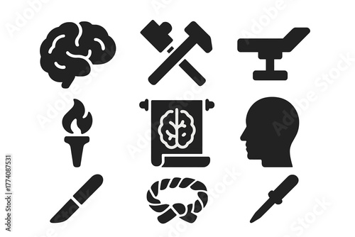 Early Neuroscience Icons. Solid style icons of Early Neuroscience: Brain Outline, Hammer and Chisel, Surgical Table, Torch,