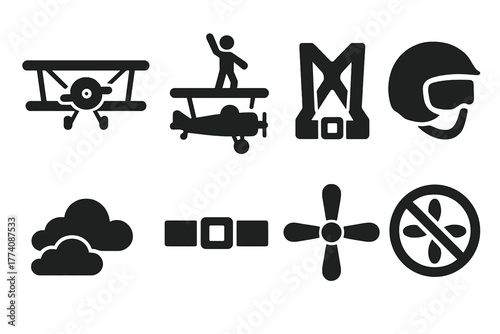Aerobatic Adventure Icons. Solid style icons of Aerobatic Adventure: Biplane, Wingwalker, Harness, Helmet, Sky, Clouds, Strap,