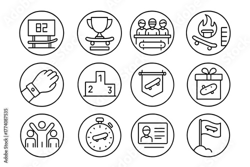 Skateboarding Contest Icons. Line style round vector icons of Skateboarding Competitions: Trick Scoreboard, Trophy Cup, Judge