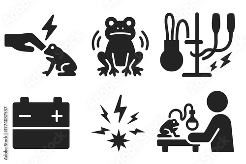 Primitive Electrophysiology Icons. Solid style icons of Primitive Electrophysiology: Galvanism, Frog Legs, Battery, Twitch,