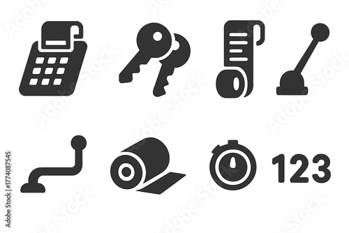 Retro Office Icons. Solid style icons of Retro Office Tools: Adding Machine, Keys, Printed Tape, Lever, Crank, Paper Roll, Knob,