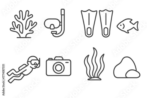 Coral Reef Exploration. Line style icons of Coral Reef Study: Coral, Snorkel, Fins, Fish, Diver, Camera, Seaweed, Rock, No text,