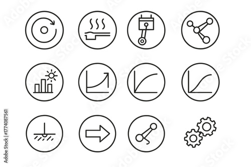 Steam Engine Icons. Line style round vector icons of Steam Engine Mechanics: Rotary Motion Icon, Heat Transfer, Compression Stroke