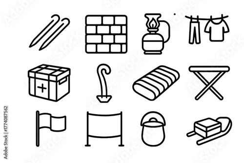Polar Camp Essentials. Line style round vector icons of Polar Camp Setup: Tent Pegs, Ice Block Wall, Cooking Stove, Drying Line;