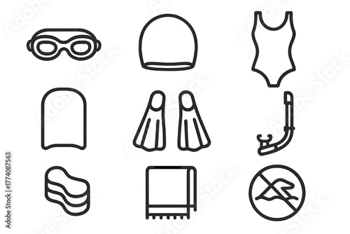 Swimming Gear Icons. Line style icons of Swimming gear: goggles, swim cap, swimsuit, kickboard, fins, snorkel, pull buoy, towel,