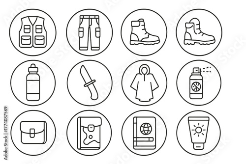 Safari Gear Essentials. Line style round vector icons of Safari Gear: Utility Vest, Cargo Pants, Field Backpack, Safari Boots;