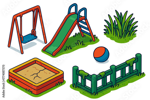 Forgotten Playground Icons. Isometric vector illustration set Forgotten Playground: Rusty Swing, Tilted Slide, Overgrown Grass,