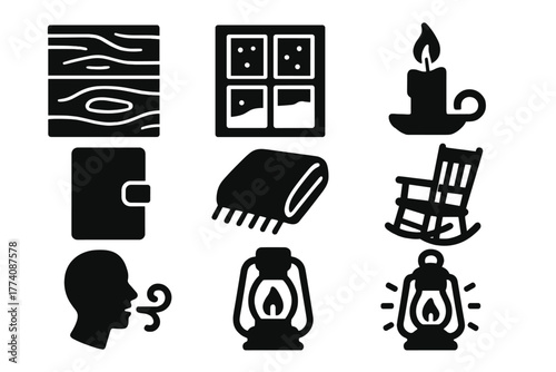 Cozy Cabin Essentials. Solid style icons of Cabin Fever: Wooden Walls, Snowy Window, Flickering Candle, Journal, Wool Blanket,