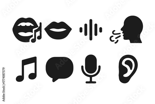 Vocal Expression Icons. Solid style icons of Vocal Expression: Singing Mouth, Open Lips, Sound Wave, Breath, Music Note, Speech