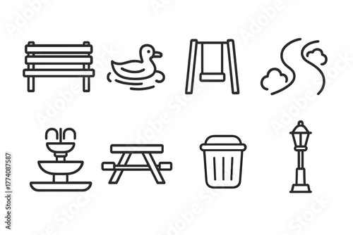 Park Icons Collection. Line style icons of Park: Bench, Duck Pond, Swing Set, Walking Path, Fountain, Picnic Table, Trash Bin,