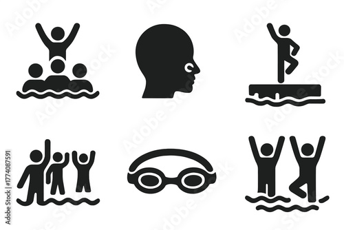 Team Swimming Icons. Solid style icons of Team Swimming Art: Underwater Lift, Nose Clip, Deck Routine, Formation, Goggles, Swim