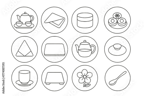 Tea Service Essentials. Line style round vector icons of Tea Presentation: Serving Tray, Arrangement Cloth, Lacquer Box, Tea