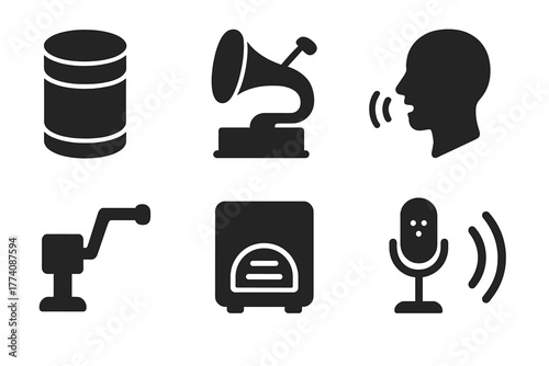 Vintage Dictaphone Icons. Solid style icons of Vintage Dictaphone: Wax Cylinder, Stylus, Mouthpiece, Recording, Crank, Speaker,