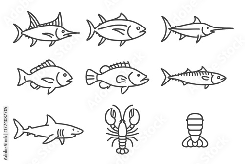 Saltwater Fishing Icons. Line style icons of Saltwater fishing: marlin, tuna, swordfish, snapper, grouper, mackerel, shark,