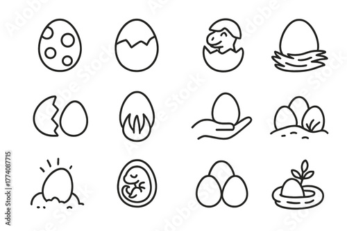Dinosaur Egg Icons. Line style icons of dinosaur eggs in round shape: spotted egg, cracked egg, baby dinosaur emerging, egg nest;