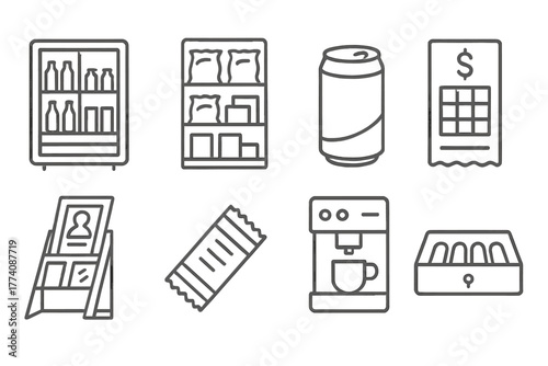 Convenience Store Icons. Line style icons of Convenience Store: Refrigerator, Snack Shelf, Beverage Can, Lottery Ticket, Magazine