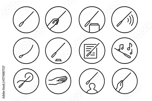 Conductor's Baton Icons. Line style icons of conductor's batons in round shape: classic baton, baton with hand, baton and podium,