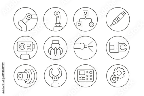 Space Station Robotic Tools. Line style round vector icons of Space Station Robotics: Robotic Arm Joint, Control Handle, Sensor