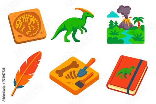 Bold Dinosaur Icons. Isometric vector illustration set Paleoart: Fossil Reference, Dinosaur Reconstruction, Ancient Landscape,