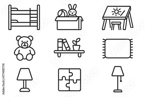 Children's Room Line Icons. Line style icons of Children’s Room: Bunk Bed, Toy Box, Drawing Desk, Teddy Bear, Wall Shelf, Carpet,