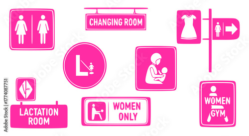 Pink signage symbols for various women's facilities are displayed.