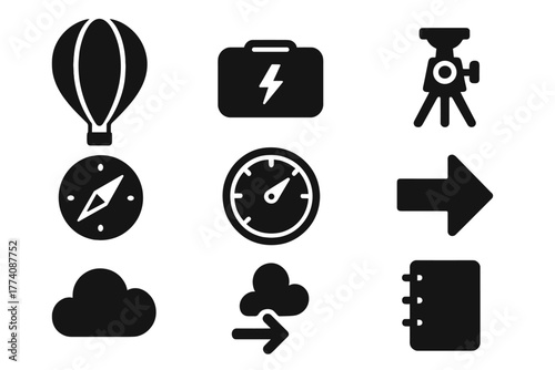 Scientific Ballooning Icons. Solid style icons of Scientific Ballooning: Balloon, Instrument Package, Theodolite, Compass,