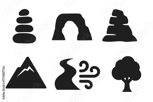 Nature Icon Set. Solid style icons of Natural Sculptures: Balanced Stones, Arch, Rock Formation, Mountain, River, Wind Symbol, Sun