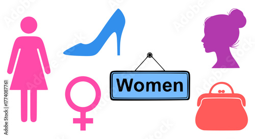 Icons symbolize femininity on a white background.