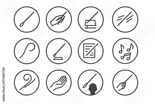 Conductor's Baton Icons. Line style icons of conductor's batons in round shape: classic baton, baton with hand, baton and podium,