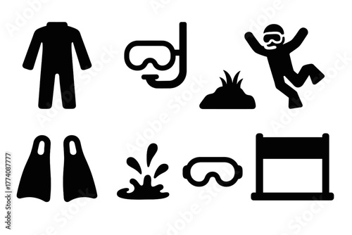 Bog Snorkeling Icons. Solid style icons of Bog Snorkeling: Wet Suit, Mask, Peat Bog, Quirky Competition, Fins, Water Splash,