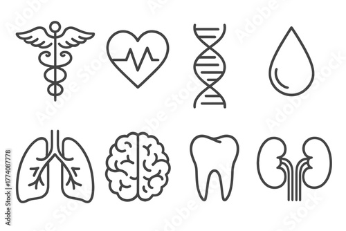 Medical Symbol Icons. Line style icons of Medical symbols: caduceus, heart, DNA helix, drop of blood, lungs, brain, tooth, kidney,