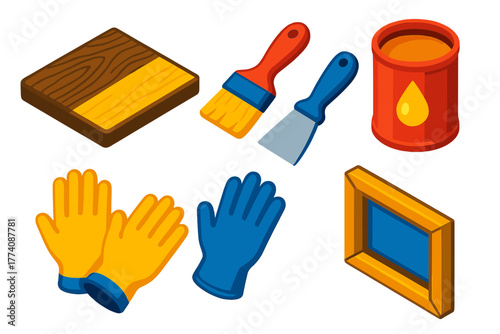 Restoration Tools Icons. Isometric vector illustration set Restoration: Original Surface, Brush, Paint Scraper, Varnish,