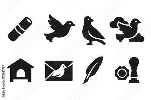 Messenger Pigeon Icons. Solid style icons of Messenger Pigeons: Scroll Tube, Flying Bird, Leg Strap, Open Sky, Loft Box, Old