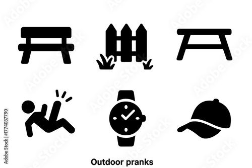 Outdoor Prank Icons. Solid style icons of Outdoor Pranks: Bench, Fence, Table, Grass, Rigid Body, Watch, Sneakers, Hat, No text,