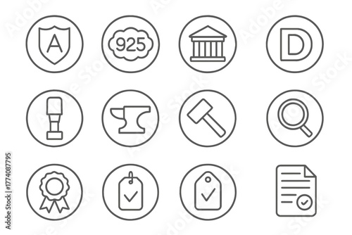 Silver Hallmark Icons. Line style round vector icons of Silver Hallmarking: Maker’s Mark, Purity Stamp, Assay Office, Date Letter;
