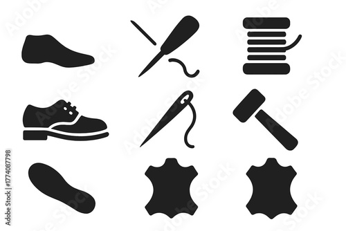 Cordwaining Icon Set. Solid style icons of Cordwaining: Leather Last, Awl, Waxed Thread, Handmade Shoe, Stitching Needle, Wooden