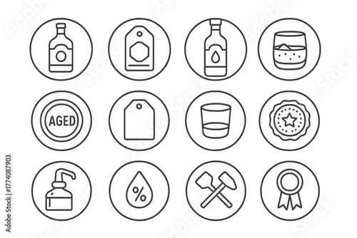 Spirits Line Style Icons. Line style icons of spirits and labels in round shape: whiskey bottle, gin label, vodka bottle, rum