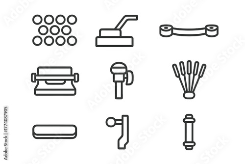 Typewriter Line Icons. Line style icons of Typewriter parts: keys, carriage return, ribbon, paper roller, platen knob, typebars,