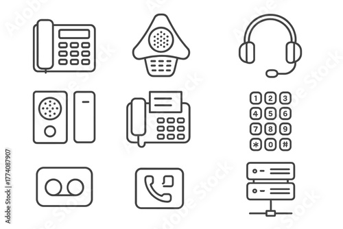Office Telephony Icons. Line style icons of Office telephony: desk phone, conference phone, call center headset, intercom, fax