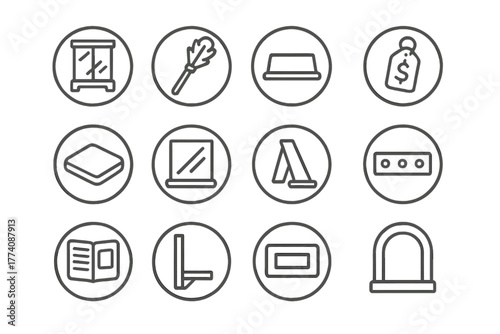 Collector's Shelf Icons. Line style round vector icons of Collector’s Shelf: Display Case, Dust Brush, Nameplate, Ship Tag; Velvet