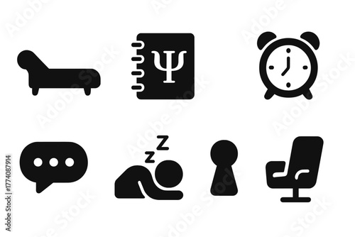 Psychoanalysis Icons Set. Solid style icons of Psychoanalysis of Dreams: Couch, Notebook, Freudian Symbol, Clock, Speech Bubble,
